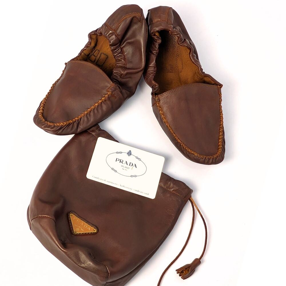 Prada Brown Leather Travel Moccasins Size 38